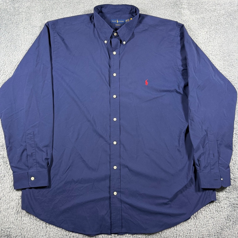 Polo Ralph Lauren Button Shirt Performance Men 2XB Navy Blue Long Sleeve Pony